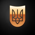 Gold National emblem of Ukraine icon isolated on black background. Ukrainian trident. Vector