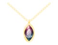 Gold necklace with burgundy realistic glowing gemstone ruby. Vector cartoon female jewelry, expensive royal chain.