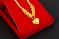The Gold necklace and heart shape pendant and gold ring on red velvet box Royalty Free Stock Photo