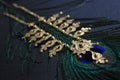 Gold necklace on peacock feather. Black background. Royalty Free Stock Photo