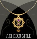 Gold necklace star shape with purple ametyst on fine golden chain, elegant vintage jewel in art deco style