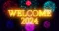 Neon color Goodbye 2023 Welcome 2024 text illustration with neon colorful fireworks in high-resolution.