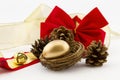 Gold nest egg with pine cones and ribbons Royalty Free Stock Photo