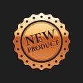 Gold New product label, badge, seal, sticker, tag, stamp icon isolated on black background. Long shadow style. Vector Royalty Free Stock Photo