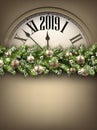 Gold 2019 New Year background with clock. Greeting card. Royalty Free Stock Photo