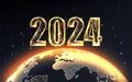 Gold 2024 New Year web banner with gold planet Earth view from space and digits on black background