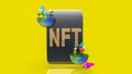 The gold nft text on tablet yellow background 3d rendering