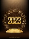 2023 gold nubers in shiny circle on golden podium vector banner template. Winter holiday, New Year and Christmas Royalty Free Stock Photo