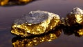 Gold nugget on a black background would appear as a contrasted image of a rough, irregularly-shaped piece of gold against a dark,