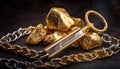 gold nuggets and a metal tool lying about a chain the treasure of the future Royalty Free Stock Photo