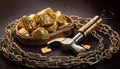 gold nuggets and a metal tool lying about a chain the treasure of the future Royalty Free Stock Photo