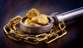 gold nuggets and a metal tool lying about a chain the treasure of the future Royalty Free Stock Photo