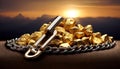 gold nuggets and a metal tool lying about a chain the treasure of the future Royalty Free Stock Photo