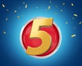 Gold Number 5 Gold Number Five On Rounded Red Icon with Particles On Blue Background 3d illustration Royalty Free Stock Photo