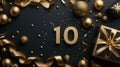 Gold number 10 on a minimalist black background. There are gold candies and ribbons around