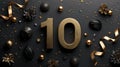 Gold number 10 on a minimalist black background. There are gold candies and ribbons around