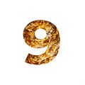 Gold number nine made of shiny foil and paper cut in shape of ninth numeral isolated on white. Festive golden typeface