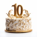 10th Birthday Cake Ornamental, White And Gold Celebration