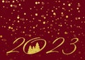 2023 gold number. winter burgundy background, golden snowfall. Red solid background with yellow snow flakes, different depth of