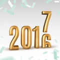 2016 gold number year change to 2017 new year in white studio room with confetti, New year concept,3D rendering