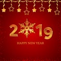 2019 gold numbers with snowflake, hanging stars on the red background with falling snow and stars. New Year and Christmas. Royalty Free Stock Photo