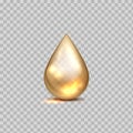 Gold oil drop. Petrol golden droplet. 3D falling blob on transparent background. Shiny liquid cosmetic essence or yellow