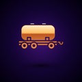 Gold Oil railway cistern icon isolated on black background. Train oil tank on railway car. Rail freight. Oil industry