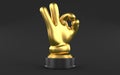 Gold ok gesture hand. Trophy on black background. Isolated 3d render illustration