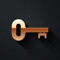 Gold Old key icon isolated on black background. Long shadow style. Vector. Royalty Free Stock Photo