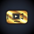 Gold Online play video icon isolated on black background. Smartphone and film strip with play sign. Vector Royalty Free Stock Photo