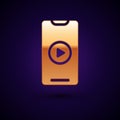 Gold Online play video icon isolated on black background. Smartphone and film strip with play sign. Vector Illustration Royalty Free Stock Photo