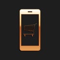 Gold Online shopping concept. Shopping cart on screen smartphone icon isolated on black background. Concept e-commerce Royalty Free Stock Photo