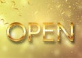 Gold open sign with confetti