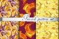 Gold orange peacock feathers abstract seamless patterns set, vector illustration Royalty Free Stock Photo