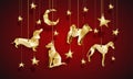 Gold origami dogs in the night sky. Chinese New Year illustration.