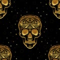 Gold ornamental sugar skull seamless pattern. Dia de los Muertas