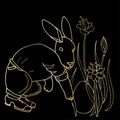 Gold outline drawing on a black background. Easter bunny hides eggs in flowers