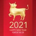 Gold Ox, Symbol of 2021 New Year, Golden Metallic Bull isolated on a white background
