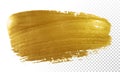 Gold paint brush vector smear stroke. Acrylic golden color stain on transparent background. Abstract vector gold glittering textur