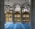 Gold painted decorated Interleaved wooden windows Mashrabiya inside three marble arches, Nuruosmaniye Mosque, Istanbul, Turkey