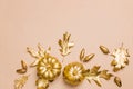 Gold painted leaves, pumpkins and acorns, autumn season composition Royalty Free Stock Photo