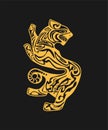 Gold panther profile in style of Scythian tattoo isolated on black background