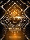 Gold party invitation or vector party flyer background template with geometric gold colored logo and wine glasses .