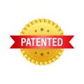 Gold patented label on red ribbon on white background. Vector stock illustration.