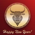 Gold patterned head ox zodiac symbol and text Happy new year 2021 in chinese culture gold frame on red background. Bull Ornamental