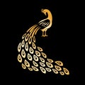 Gold peacock. Golden peafowl logo element, crystal feathers tail peecoock bird, indian decorative peacock isolated on