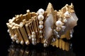 gold and pearl beaded bracelet showcased on a jagged rock