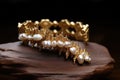 gold and pearl beaded bracelet showcased on a jagged rock