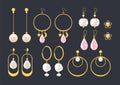 Gold and pearl earrings vector set isolated on black background. Jewelry accessories gemstones pendant Flat style illustration.