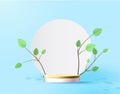 Gold pedestal on a blue background. Trend podium 3d , with paper plants: a branch with leaves.